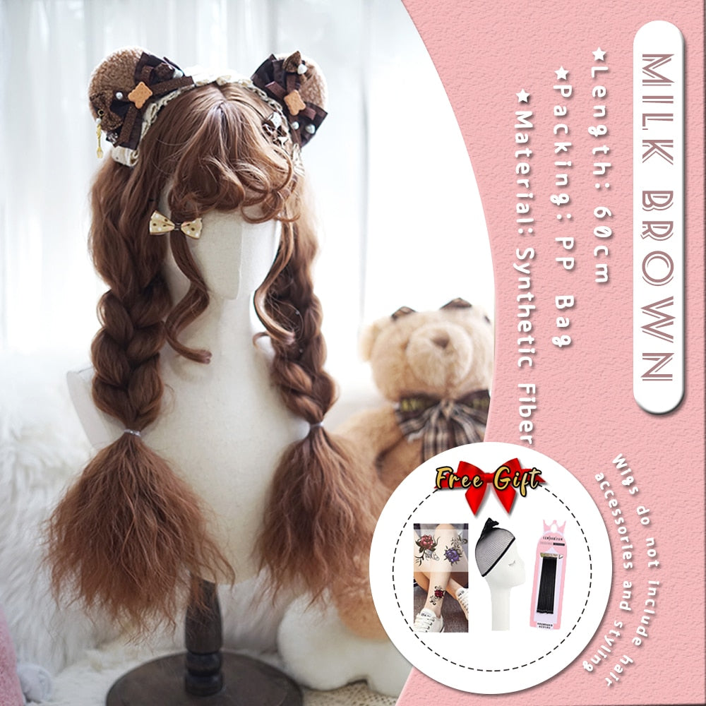 Extra Long Curly Hair with Bangs Cosplay Party Lolita Synthetic Wigs Heat Resistant Fiber