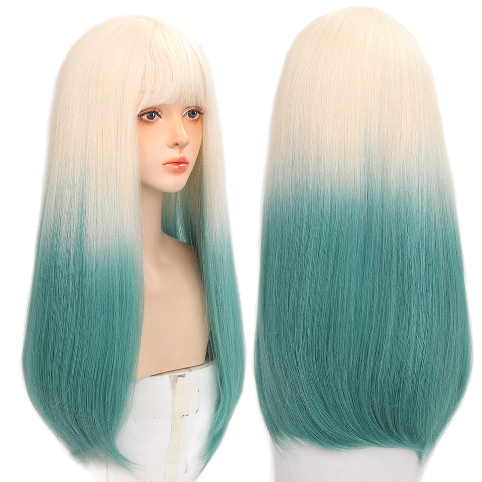 Long straight hair synthetic wig girl pink white gradient bangs cosplay Lolita party heat-resistant wigs