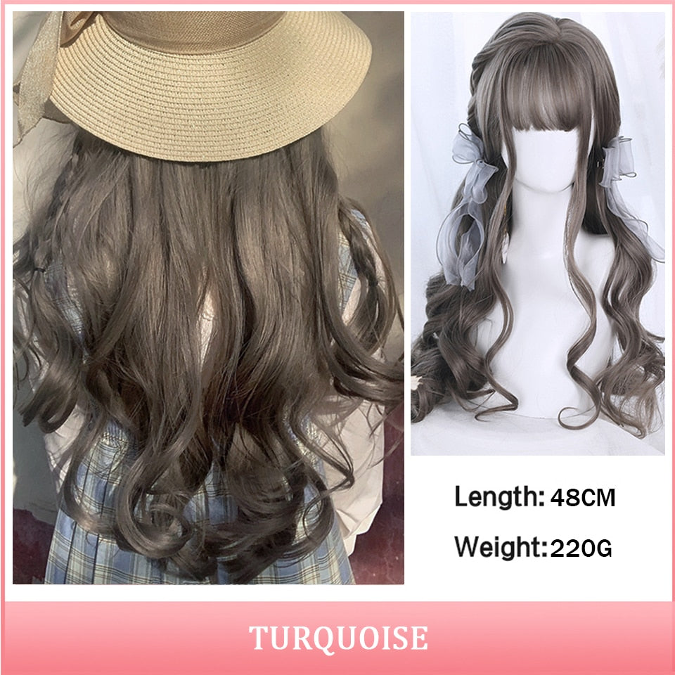Cosplay Wig With Bangs Synthetic Straight Hair 24 Inch Long Heat-Resistant Pink Wig For Women
