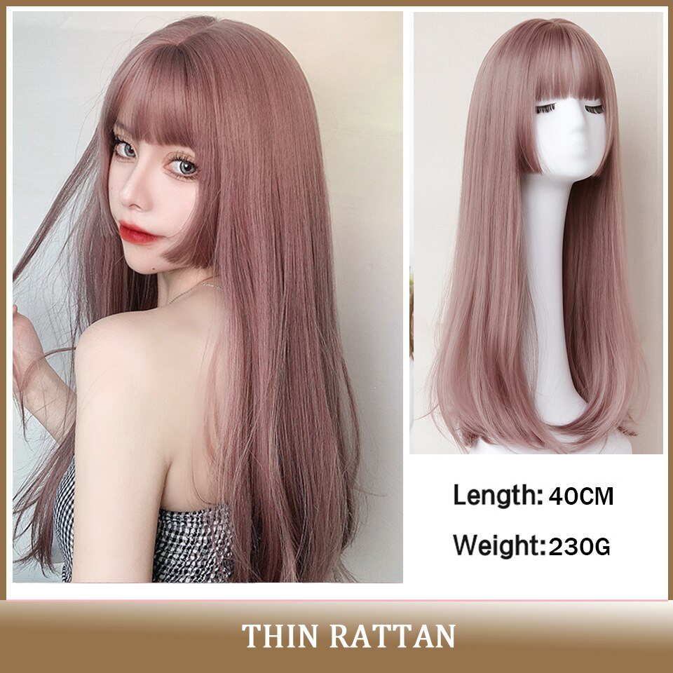 Cosplay Wig With Bangs Synthetic Straight Hair 24 Inch Long Heat-Resistant Pink Wig For Women