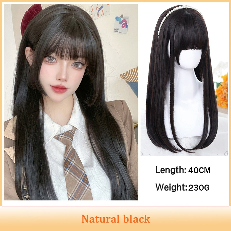 Cosplay Wig With Bangs Synthetic Straight Hair 24 Inch Long Heat-Resistant Pink Wig For Women