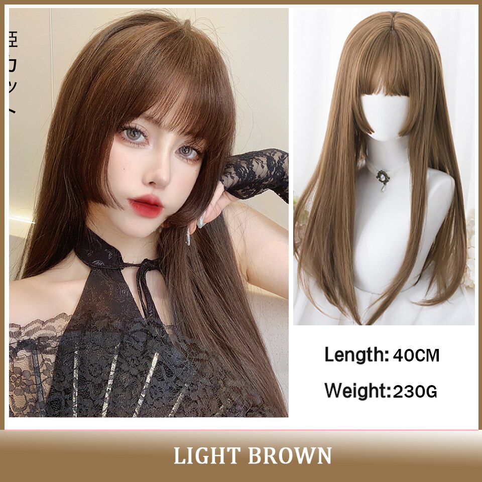 Cosplay Wig With Bangs Synthetic Straight Hair 24 Inch Long Heat-Resistant Pink Wig For Women