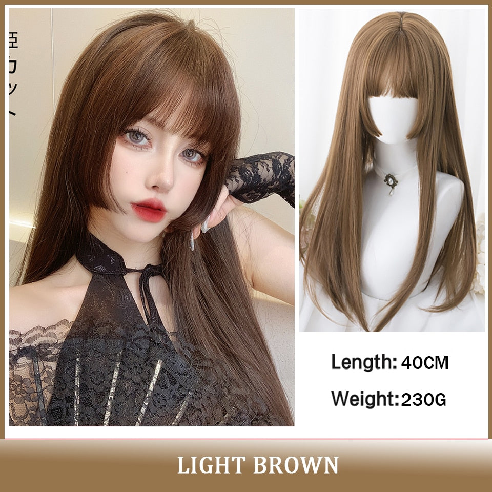 Cosplay Wig With Bangs Synthetic Straight Hair 24 Inch Long Heat-Resistant Pink Wig For Women