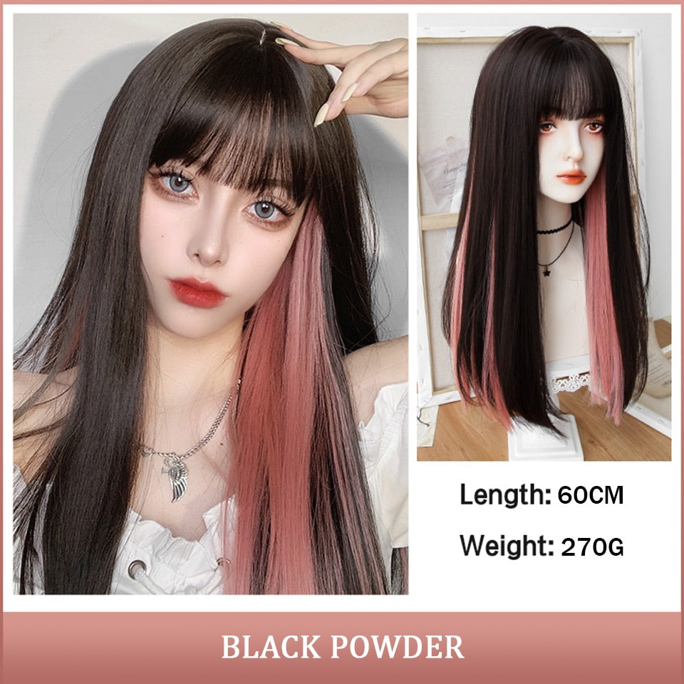 Cosplay Wig With Bangs Synthetic Straight Hair 24 Inch Long Heat-Resistant Pink Wig For Women