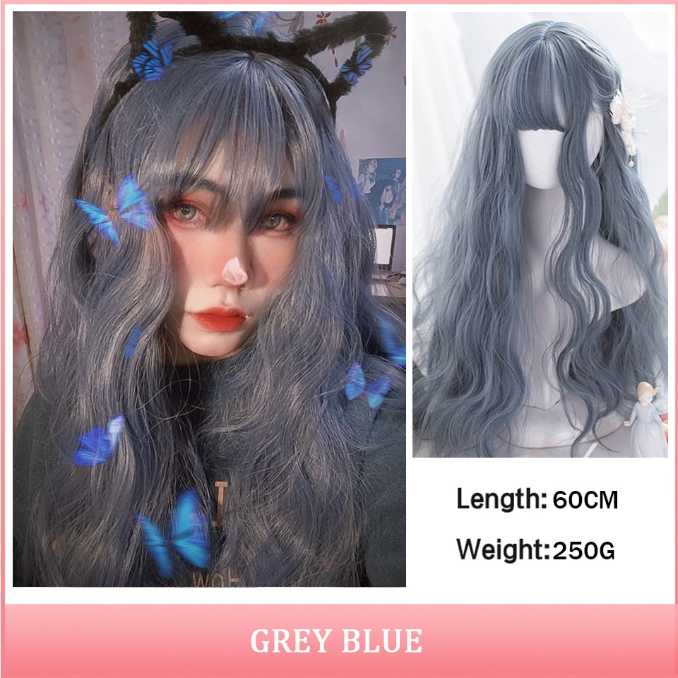 Cosplay Wig With Bangs Synthetic Straight Hair 24 Inch Long Heat-Resistant Pink Wig For Women