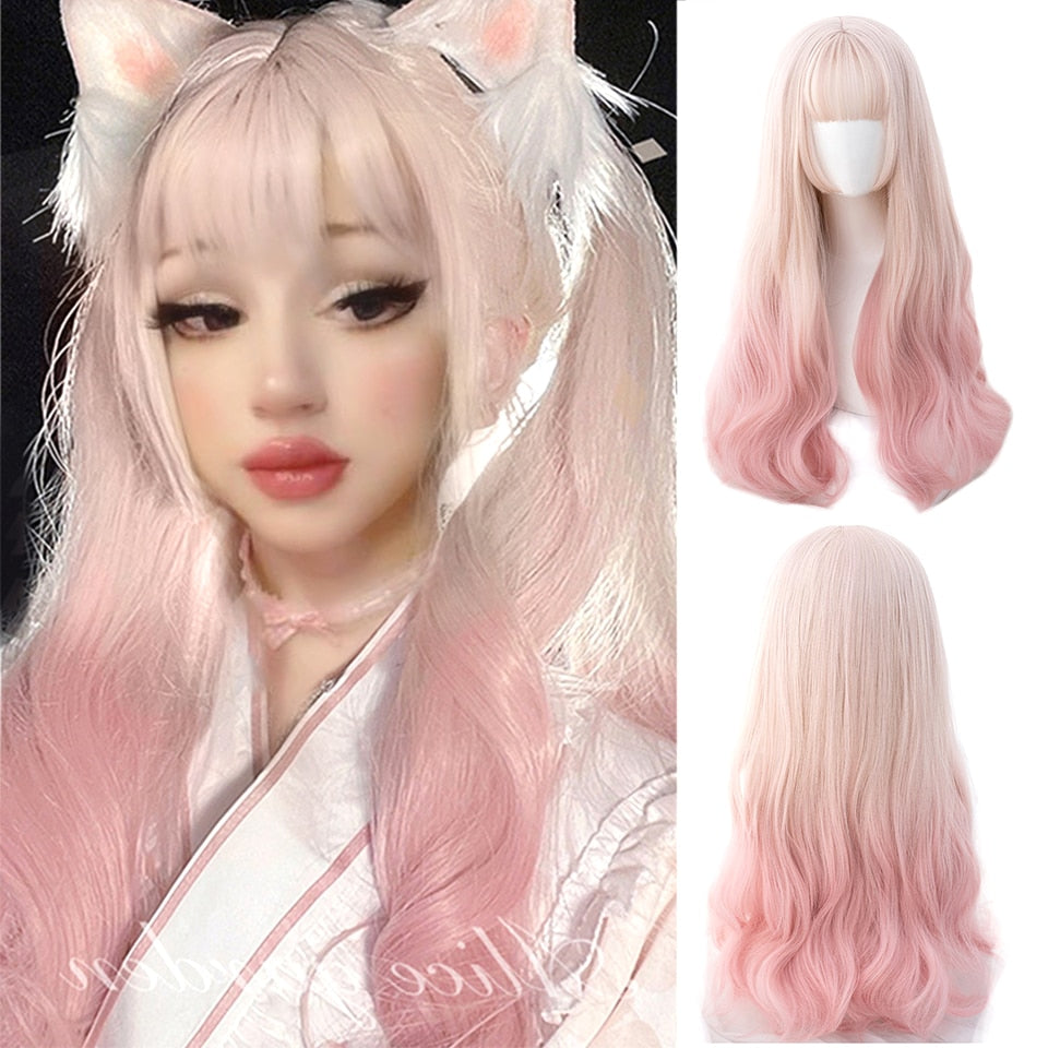 Synthetic Long Wavy Women Light Pink Gradient Mixed Color Lolita Cosplay Heat Resistant Party Wig