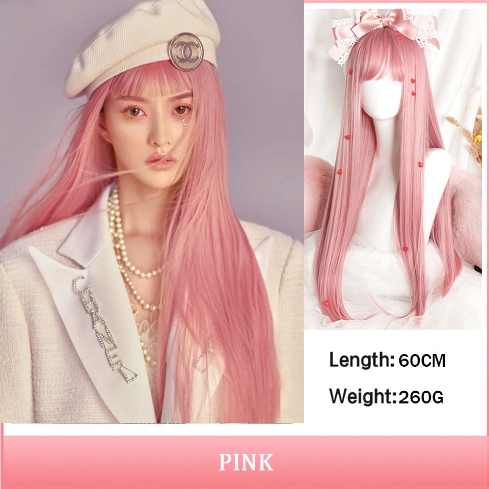 Cosplay Wig With Bangs Synthetic Straight Hair 24 Inch Long Heat-Resistant Pink Wig For Women
