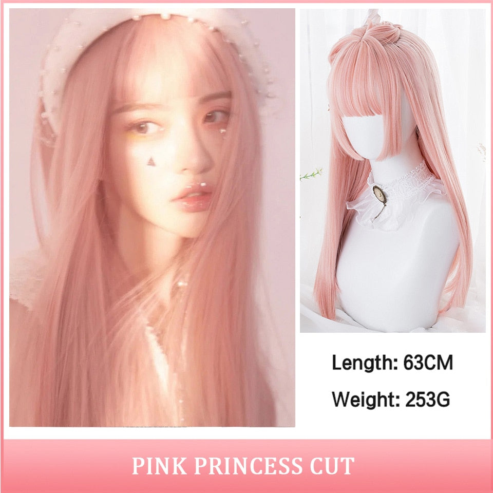 Cosplay Wig With Bangs Synthetic Straight Hair 24 Inch Long Heat-Resistant Pink Wig For Women