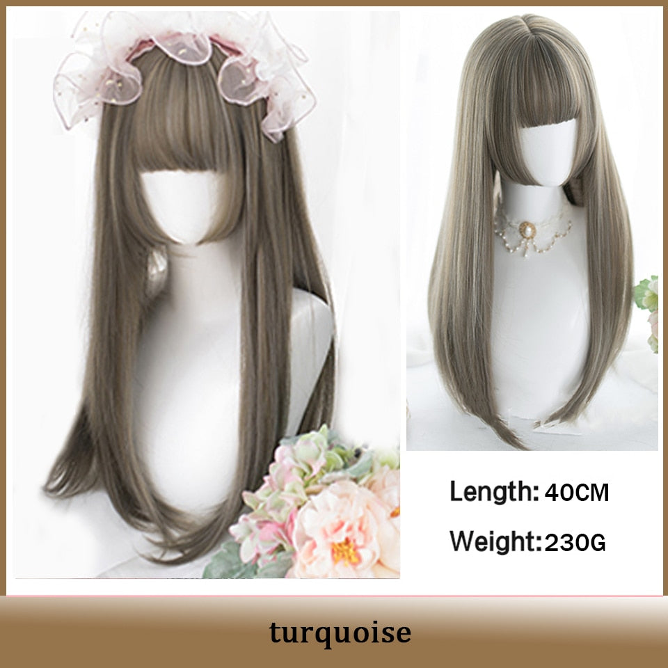 Cosplay Wig With Bangs Synthetic Straight Hair 24 Inch Long Heat-Resistant Pink Wig For Women