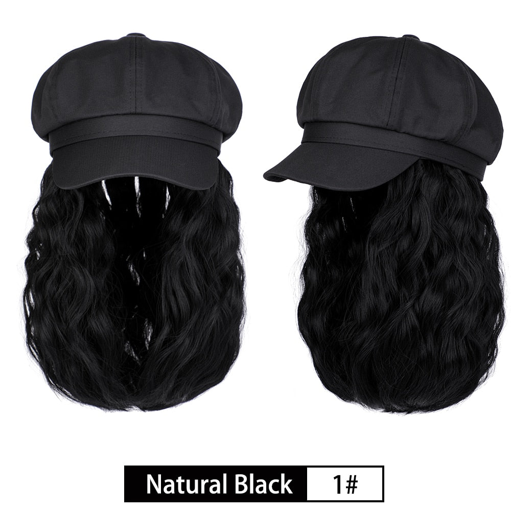 Short Wavy baseball wig Synthetic Natural bob Wig Black hat wigs cap with Hair Naturally Connect Baseball Cap Adjustable