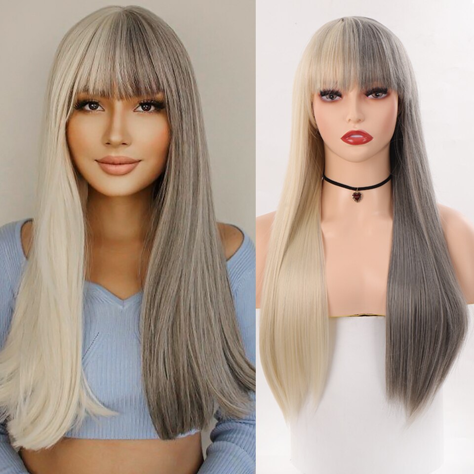 Long Straight Wig with Bangs Purple-White Heat Resistant Synthetic Hair Wigs for African American Girl Lolita Cosplay Wig
