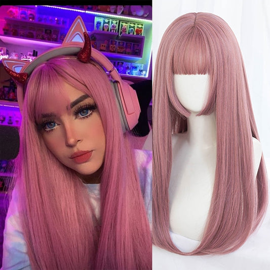 Synthetic Long Straight Hair Pink Gold Black High Temperature Silk Wig With Bangs Lolita Party Cosplay Everyday Wear
