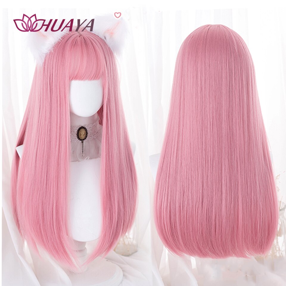 Long Straight Wig with Bangs Purple-White Heat Resistant Synthetic Hair Wigs for African American Girl Lolita Cosplay Wig