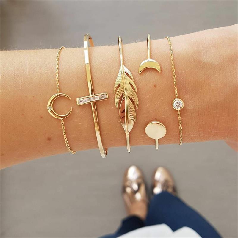 4Pcs/Set Geometric Crystal Charm Bracelets for Women Leaf Bangles Bracelets Set Wrist Chain Boho Bracelet
