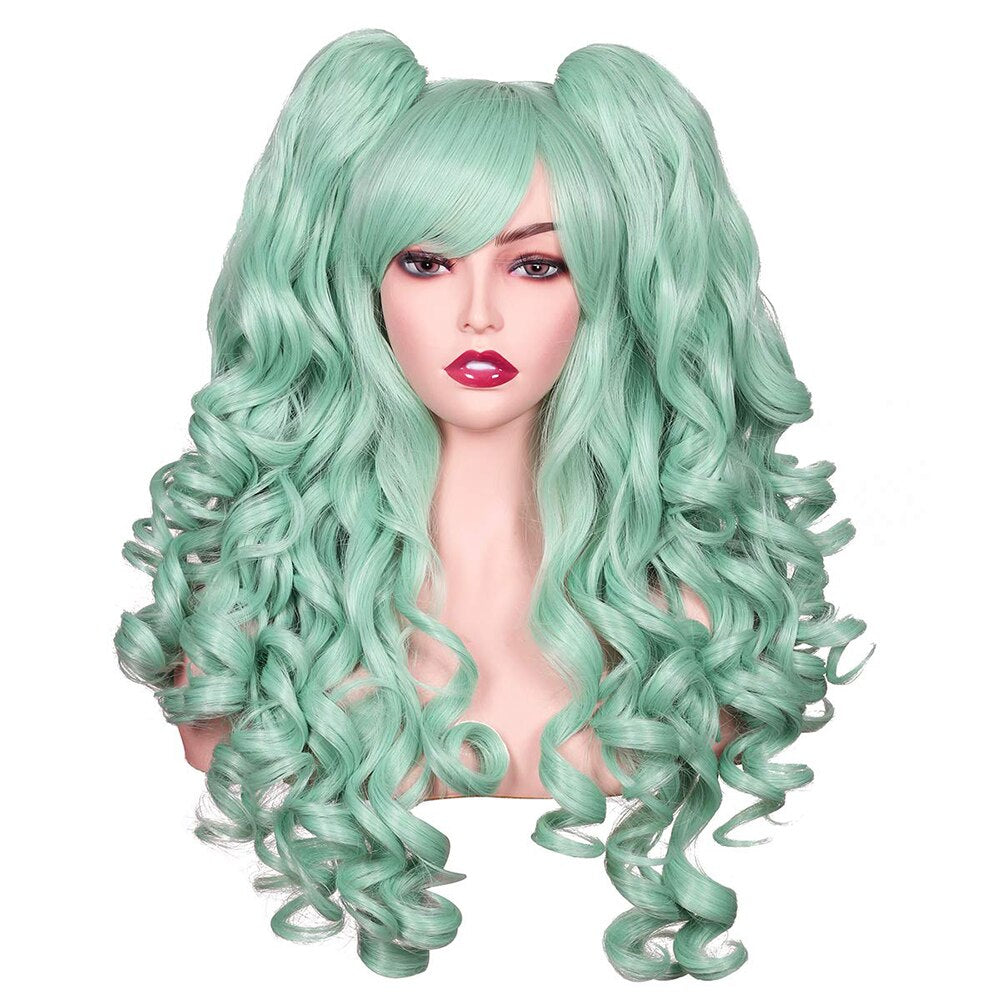 Long Curly Hair Ponytail Lolita Cosplay Lady Synthetic Wig Double Ponytail Detachable Black Gold Pink Purple Gradient Wig