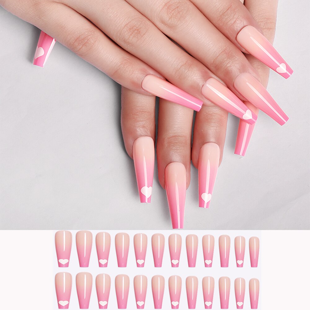 24/30Pcs Pink Leopard Designs False Nails French Long Coffin Fake Nail Artificial Full Cover Nail Art Tips Press on Nail