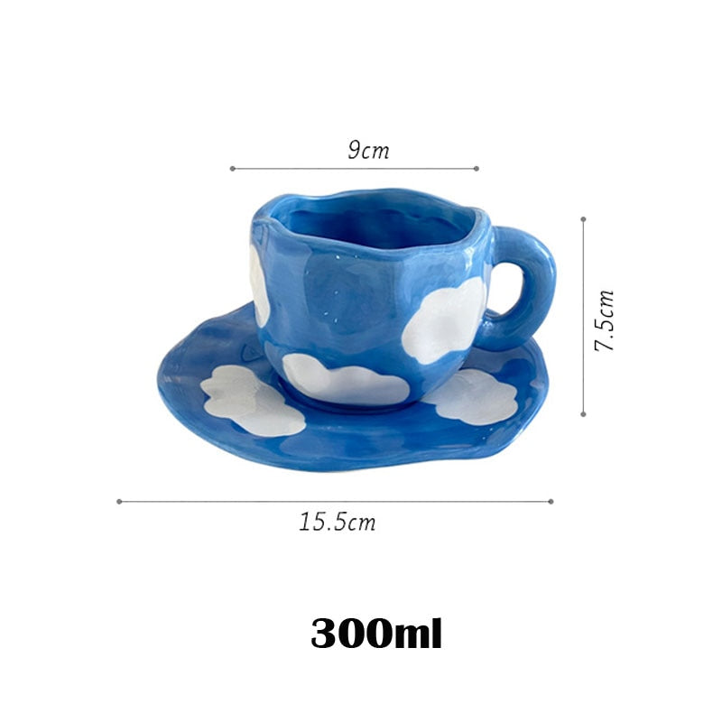 Japanese Hand Painted The Blue Sky and White Clouds Coffee Cup With Saucer Ceramic Handmade Tea Cup Saucer Set Cute Gift For Her