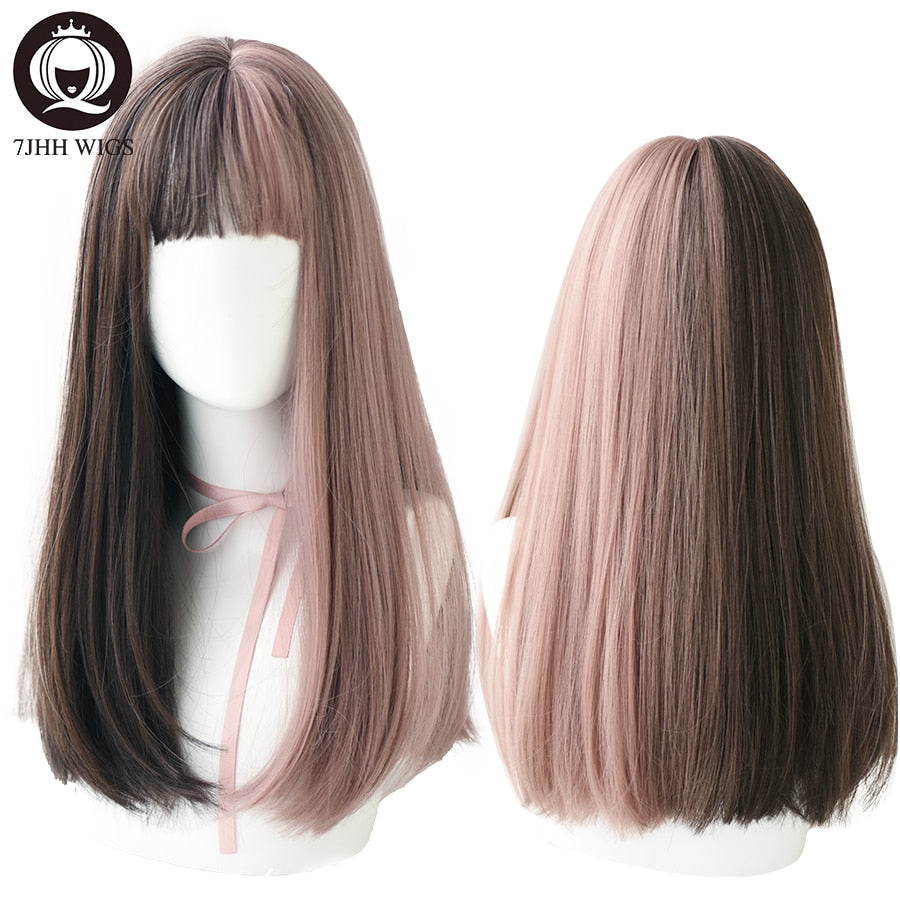 Long Remy Wig With Bangs Ombre Black Brown Synthetic Lolita Wig For Women Wire Heat Resistant Cosplay Wig