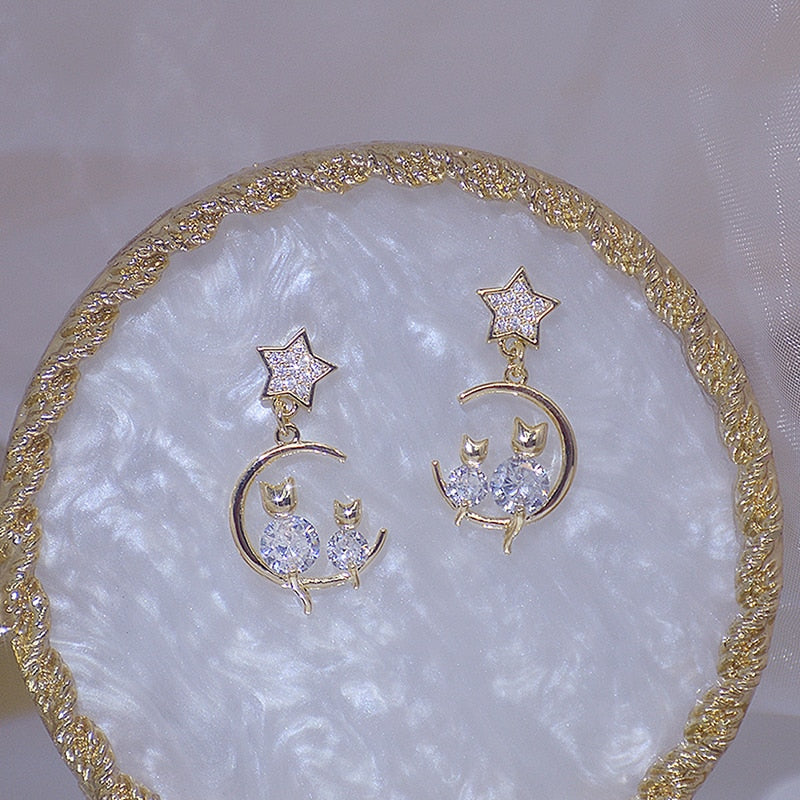 Cute Little Cat Shine Diamond Earring Zircon 14K Real Gold Stud Earring Daily Anniversary Star Jewelry Pendant