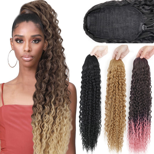 Synthetic 26Inch 65CM Kinky Curly Ponytail Clip-In Hair Extension Long Ombre Wrap Around Fake Ponytail Black Curly Pony Tail