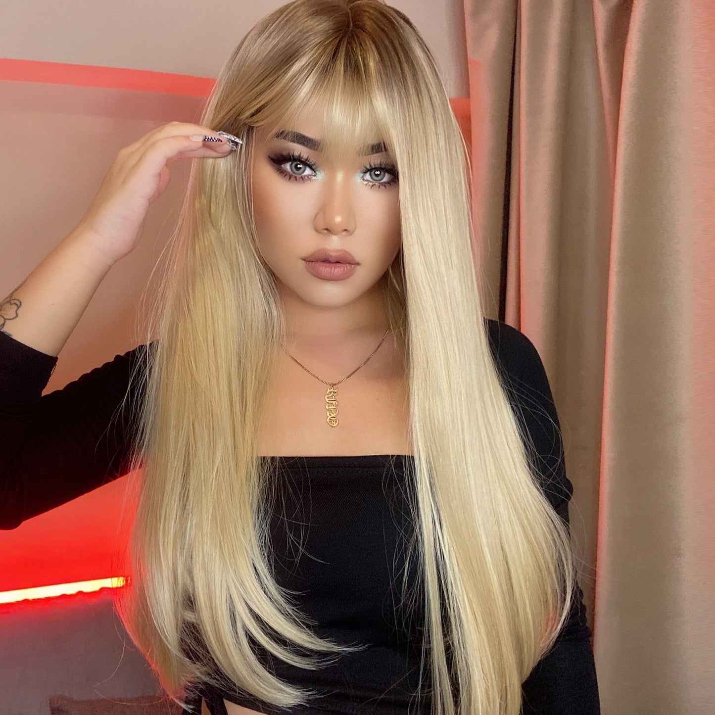 Long Straight Synthetic Wig Ombre Brown Blonde Golden Heat Resistant Wigs Cosplay Party Hair Wig