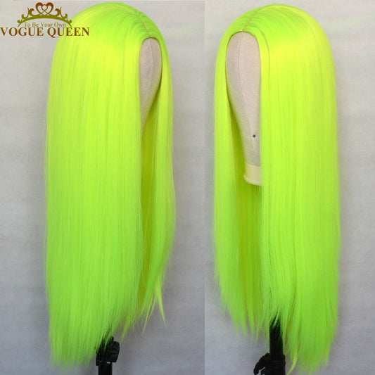 Vogue Queen Bright Yellow Green Synthetic Silky Straight Wig Full Machine Made Wig Heat Resistant Fiber Cosplay