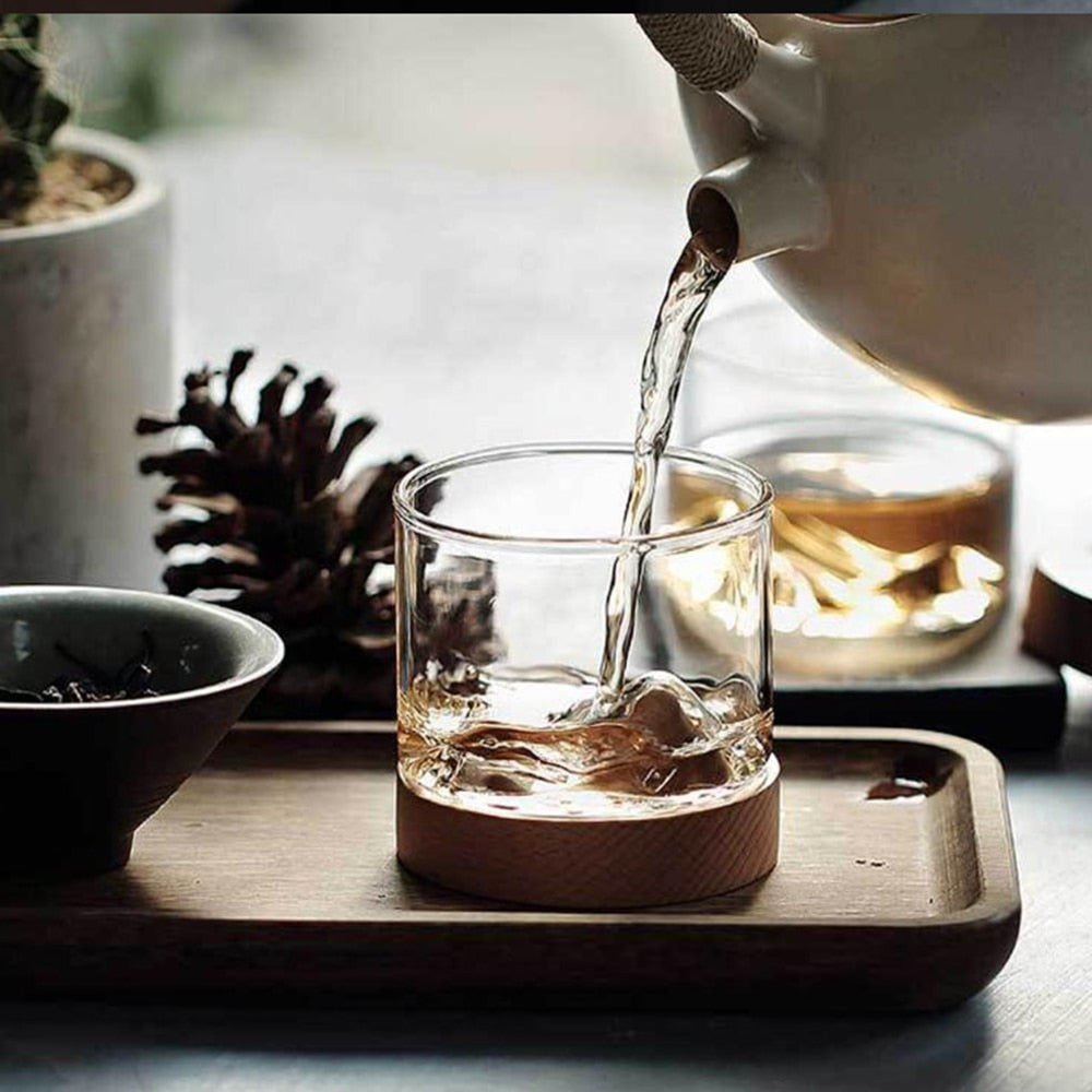 5oz Mountain Wine Glass mug with Wooden chinese tea mug Bottom Whiskey Glasses Japanese Household Tea Cup wood mug