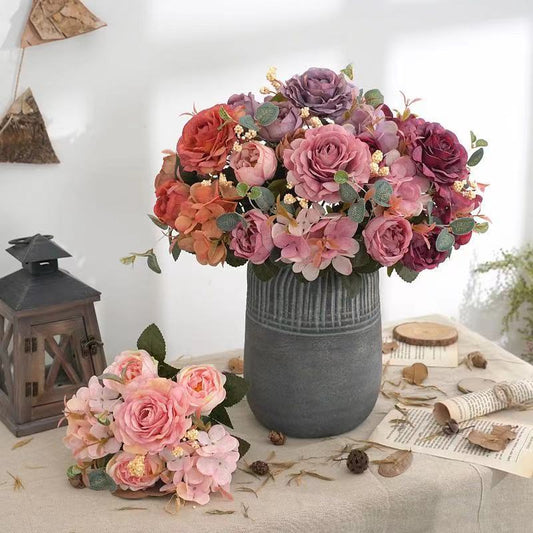Artificial Flowers Retro Silk Rose Bouquet Hydrangea Peony Vintage Bride Holding Fake Flower Home Wedding Decoration