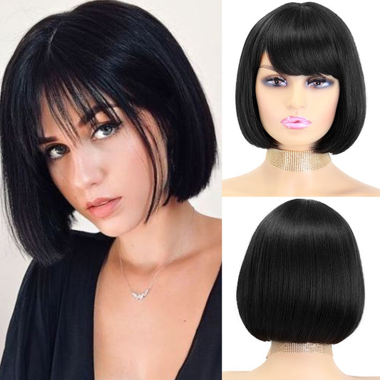 Synthetic Wigs Short Bob With Bangs For Women Ombre Black Red Blonde Pink Lolita Cosplay Party Natural Hair Roll inward