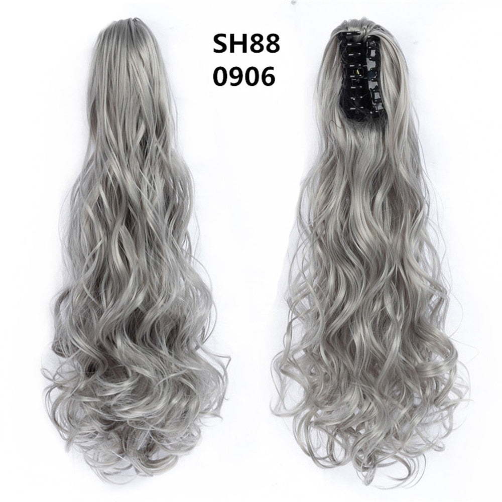 20Inch Short Curly Wavy Ponytail Hair Extensions Synthetic Claw On Hairpieces For Women Brown Black Color