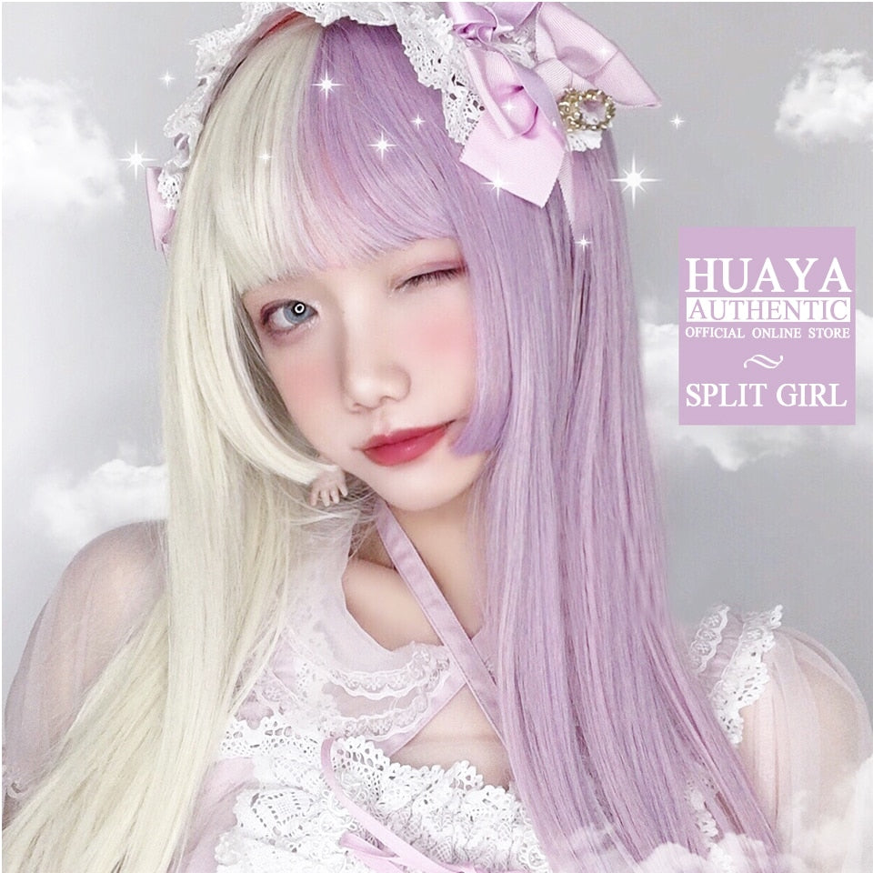 Long Straight Wig with Bangs Purple-White Heat Resistant Synthetic Hair Wigs for African American Girl Lolita Cosplay Wig