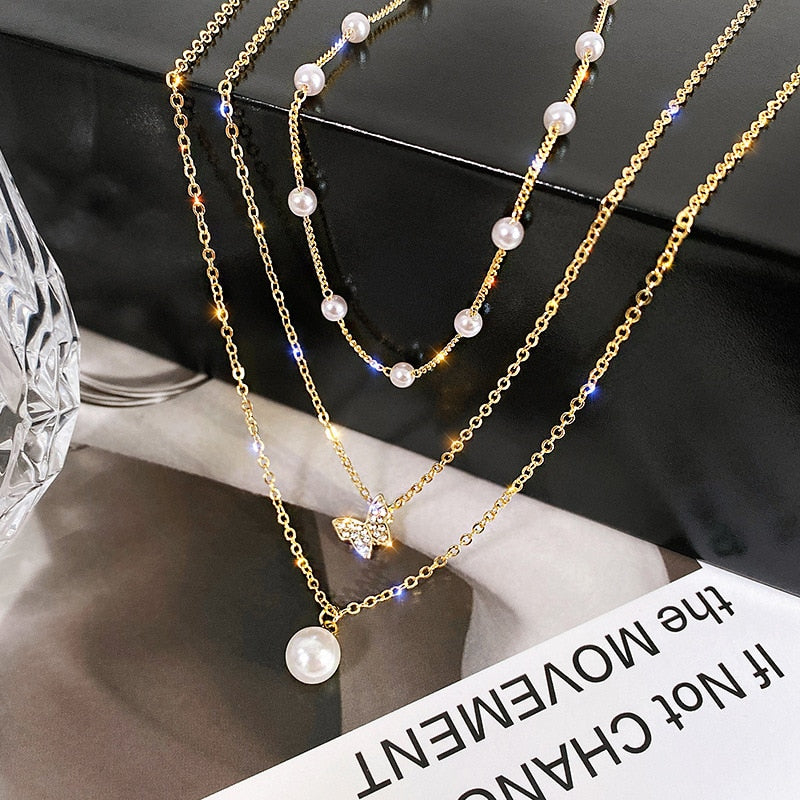 Vintage Multilayer Butterfly Pearl Necklace For Women Gold Color Sun Star Pearl Choker Necklaces Jewelry Gift