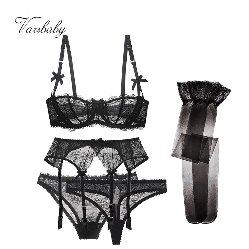 sexy lace 5 pcs bras+garters+panties+thongs+stockings underwear