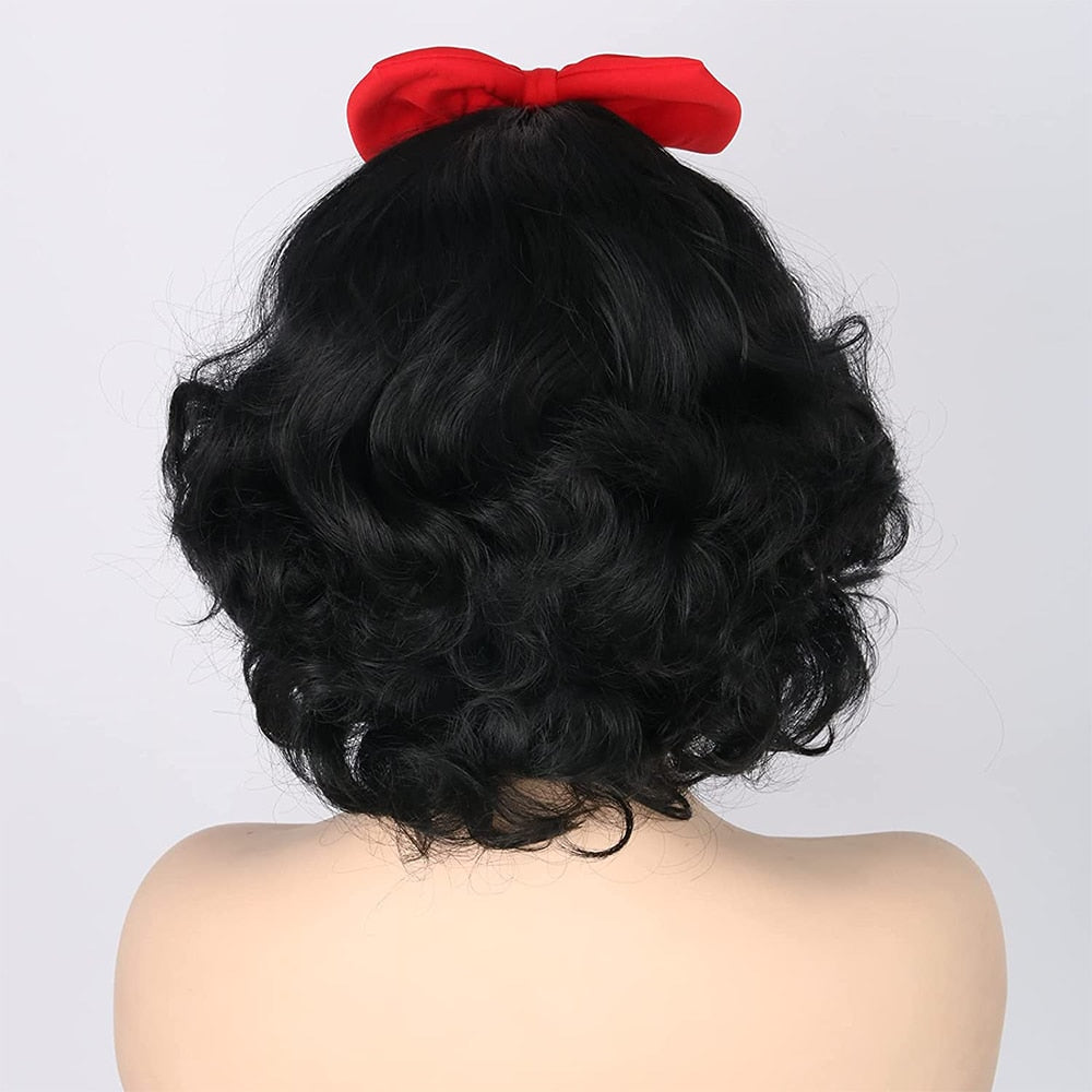 Black Short Curly Cosplay Synthetic Wig Snow White Princess Halloween Costume Party Wig + Headband Red Bow + Wig Cap