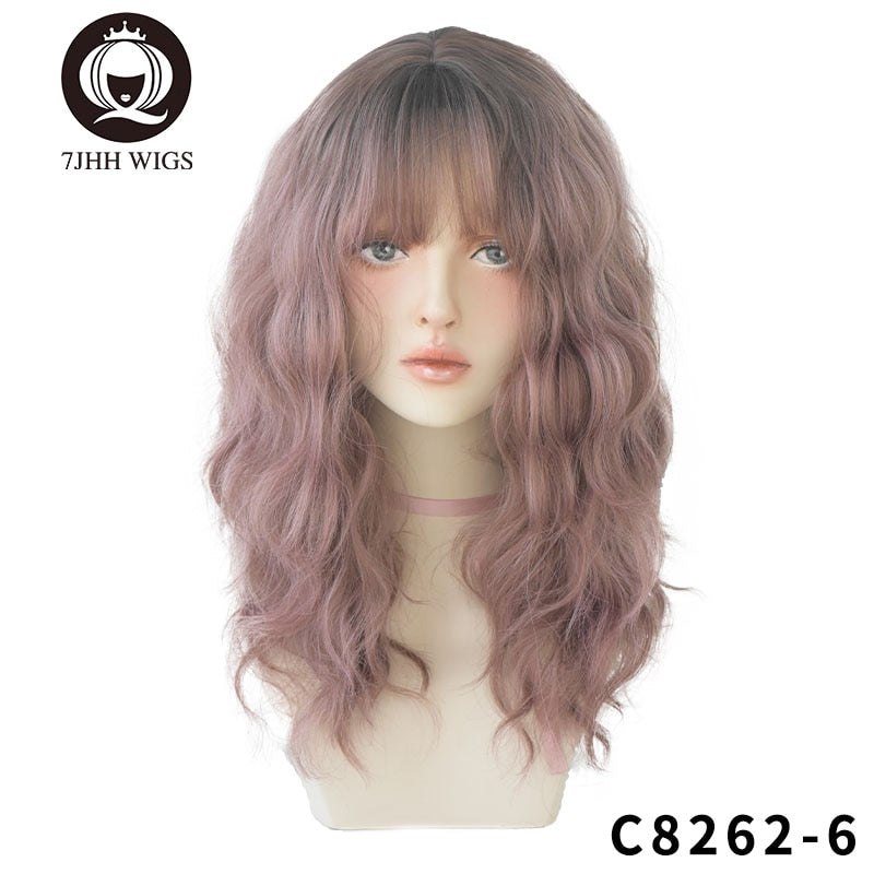 Blue Deep Wave Wig With Bangs Long Omber Brown Hair Layered Heat Resistant Cosplay Party Synthetic Wig