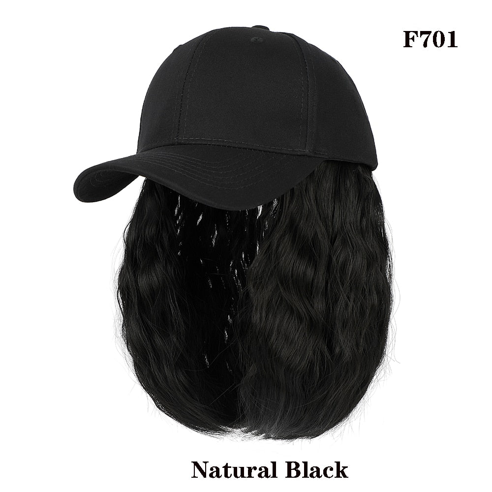 Short Wavy baseball wig Synthetic Natural bob Wig Black hat wigs cap with Hair Naturally Connect Baseball Cap Adjustable