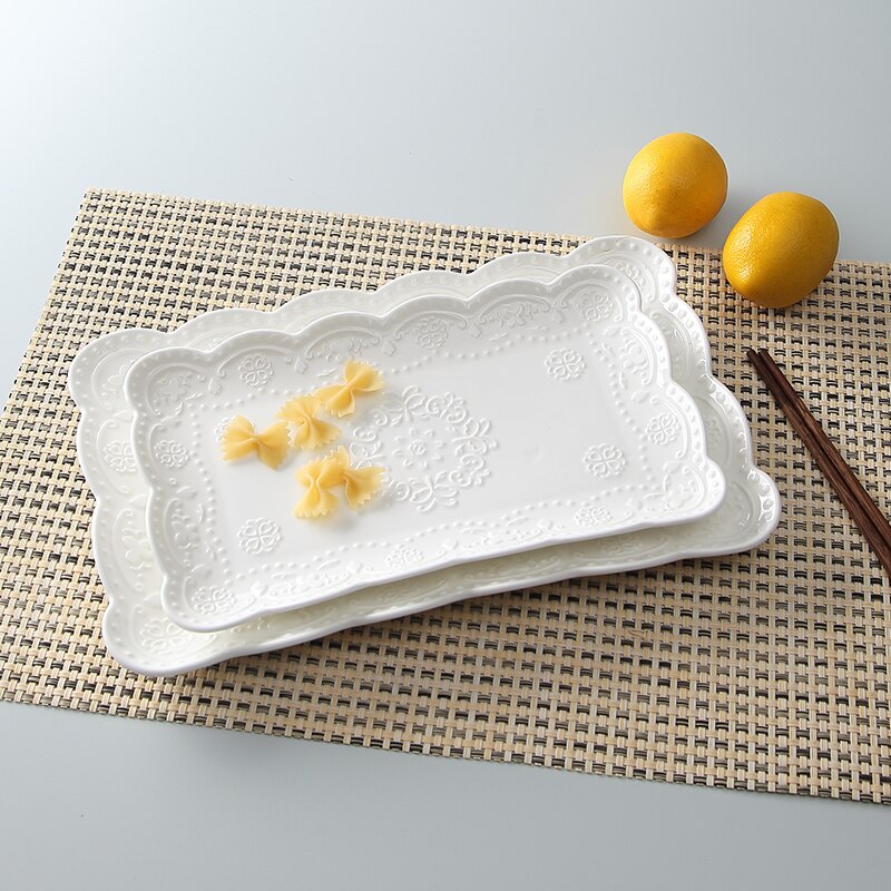 10inch white embossed porcelain vintage plate for buffet serving, ceramic japanese plates sushi dinnerware square
