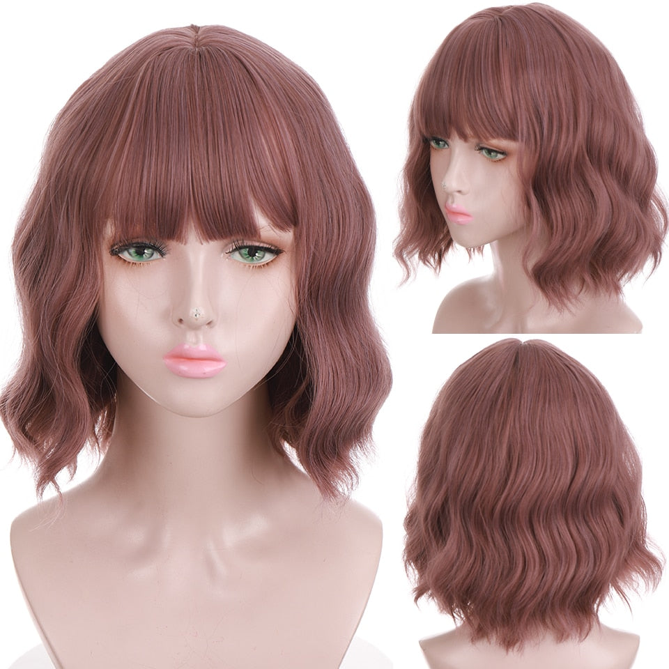 Synthetic Wigs For Women Daily Cosplay Long Water Wave  Lolita Wig With Bangs Cold Brown Heat Resistant Hair Bob Wig