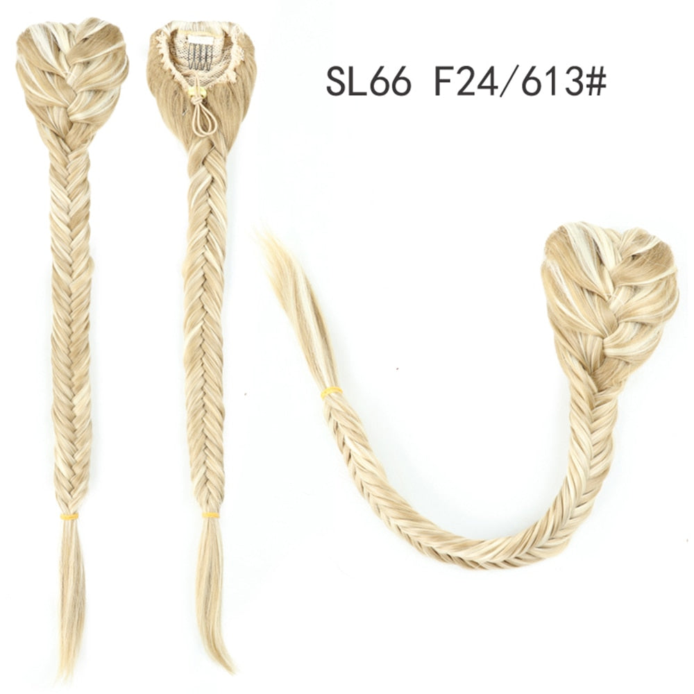 Synthetic Heat Resistant Braided Fishtail Fishbone Drawstring Ponytail Hairpiece Blonde Hair Extensions For Woman