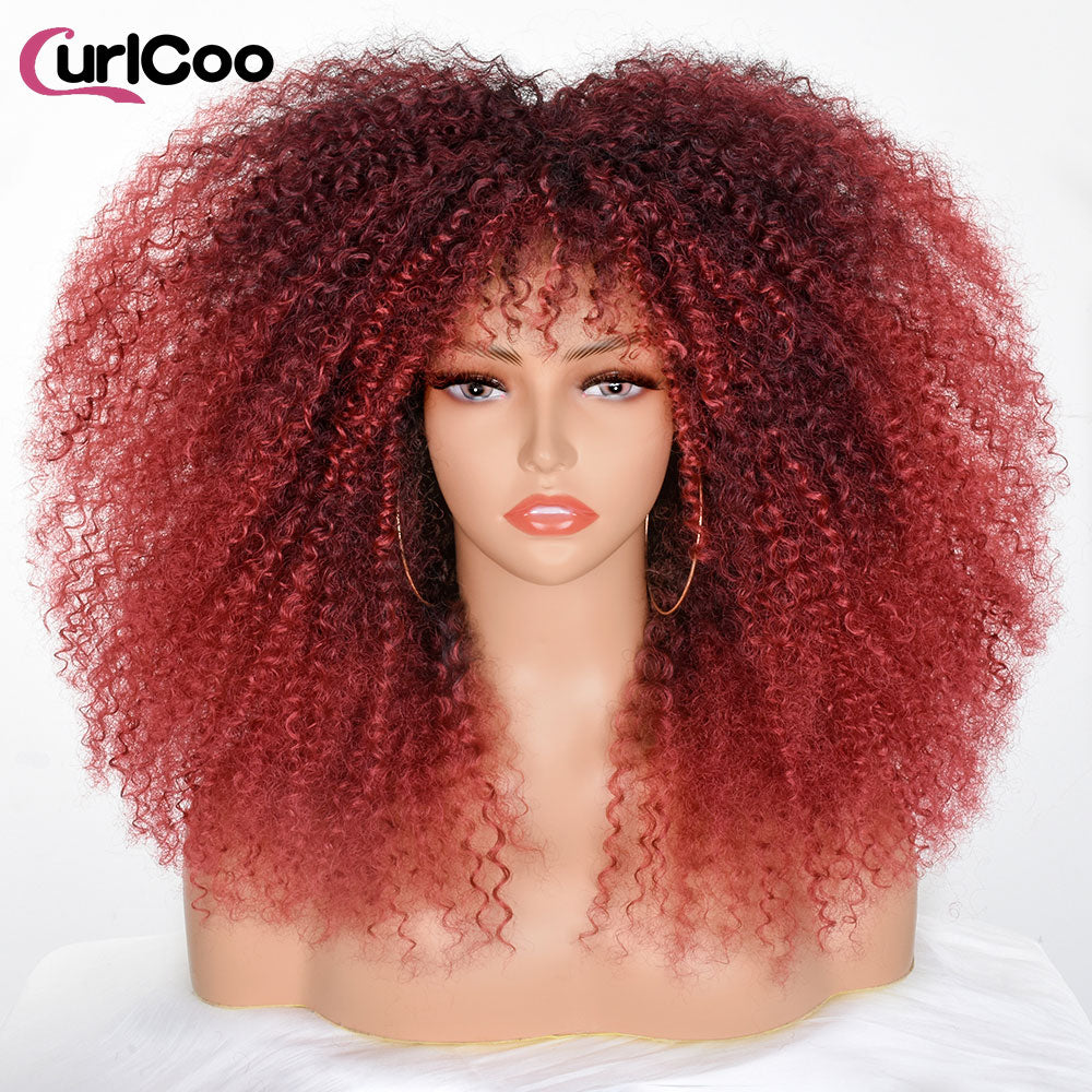 Short Hair Afro Kinky Curly Wig With Bangs For Women Synthetic Ombre Glueless Blonde Red Cosplay Highlight Wigs