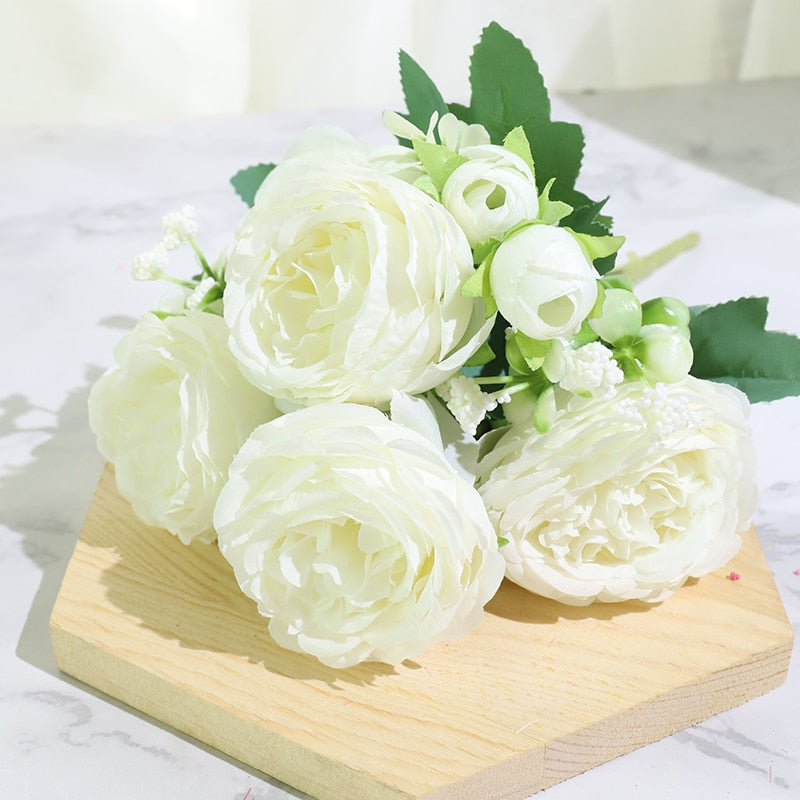 Beautiful Rose Peony Artificial Silk Flowers Small White Bouquet Home Party Winter Wedding Decoration Fake Flowers