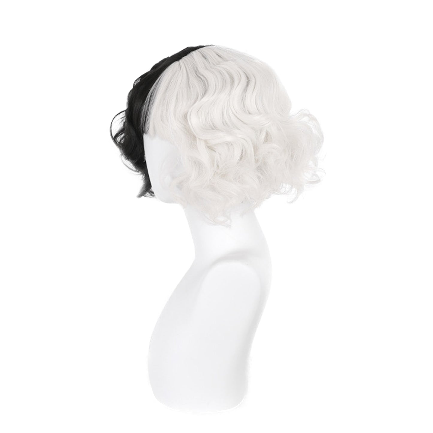 Cruella Deville Women Kuila Black and White Wig with Bangs Short Wave Curly Synthetic Hair Wig Party Cosplay Halloween Wig