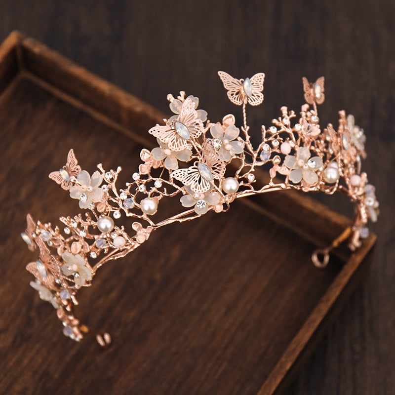 Bridal Crown Baroque Pearl Rhinestone Crown And Tiara Butterfly Hairband Wedding Hair Accessories Princess Crown Bride Tiaras