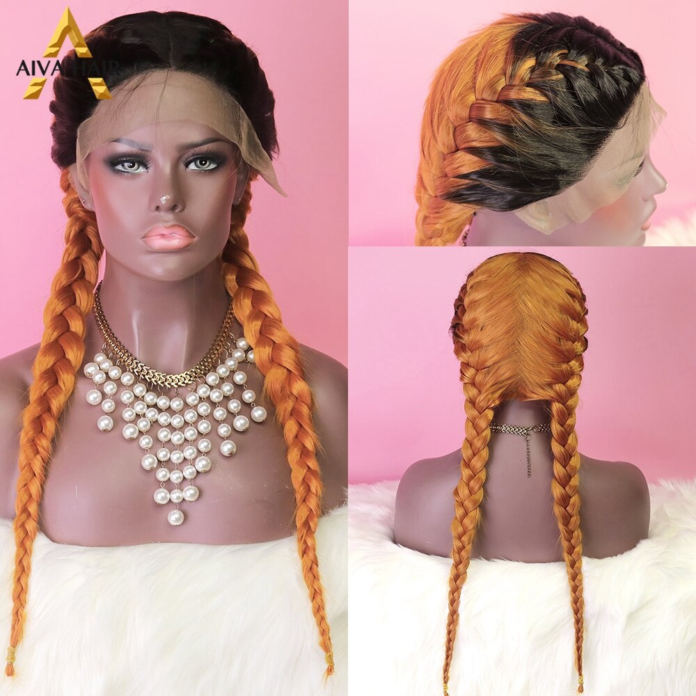 Heat Resistant Synthetic Box Braid Wig Ombre Orange Blonde Synthetic Lace Front Wig Cosplay Braided Wigs