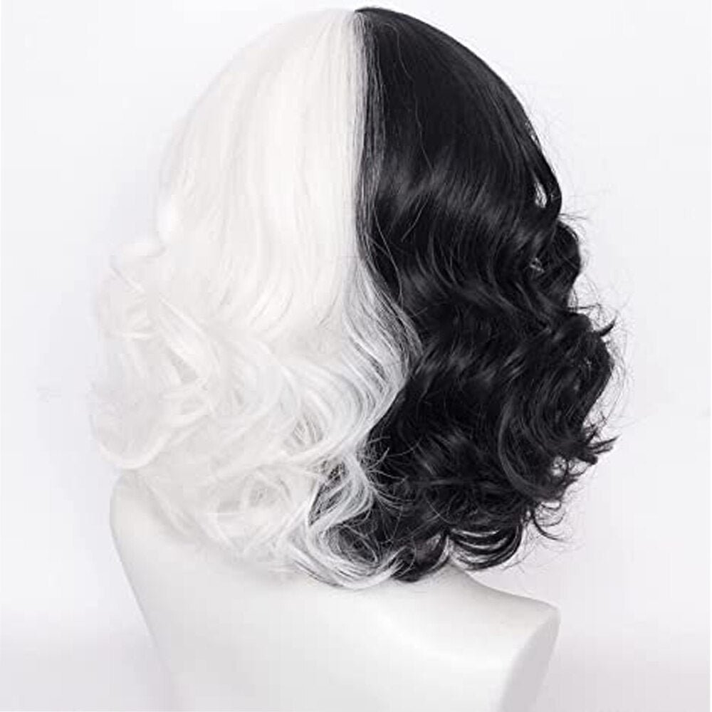 Cruella Deville Women Kuila Black and White Wig with Bangs Short Wave Curly Synthetic Hair Wig Party Cosplay Halloween Wig