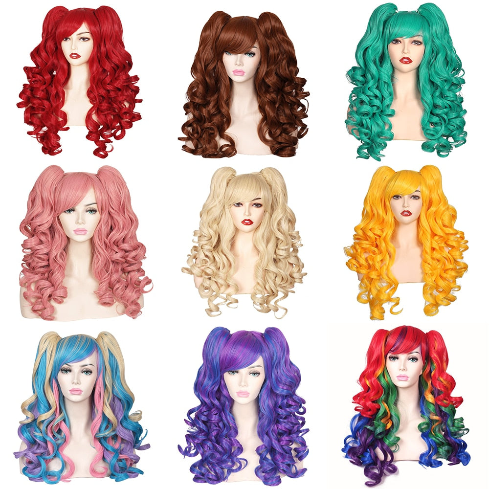 Long Curly Hair Ponytail Lolita Cosplay Lady Synthetic Wig Double Ponytail Detachable Black Gold Pink Purple Gradient Wig