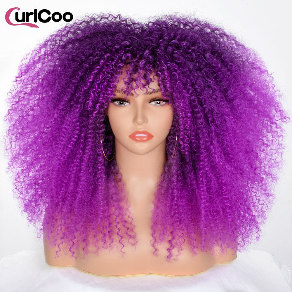 Short Hair Afro Kinky Curly Wig With Bangs For Women Synthetic Ombre Glueless Blonde Red Cosplay Highlight Wigs
