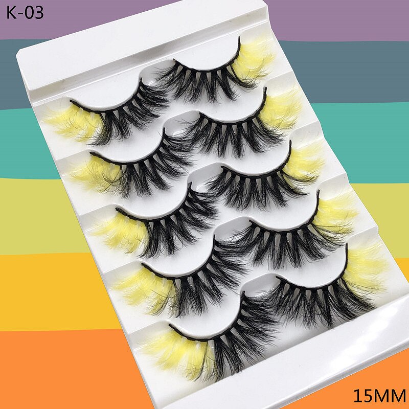 5 Pairs Red Green Yellow Pink Colored Eyelashes for Wholesale Colorful Faux Lashes in Bulk with butterfly and flowers ombre