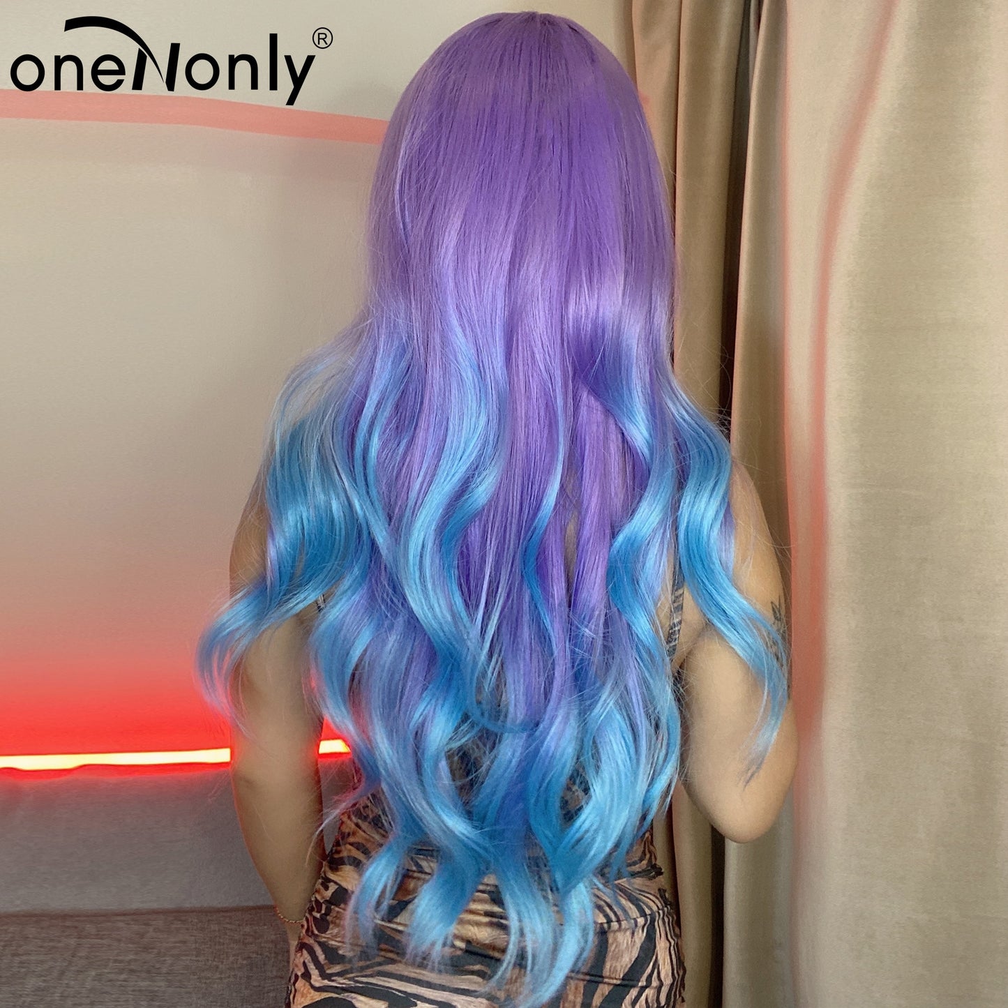 Purple Blue Wig with Bangs Long Wavy Cosplay Lolita Women Wigs Halloween Party High Temperature Hair