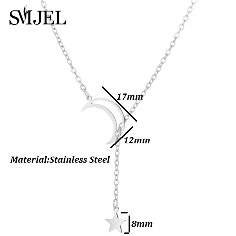 Simple Y Chain Hollow Moon Necklaces Jewelry Stainless Steel Crescent Moon Star Pendant Necklaces Rose Gold Choker